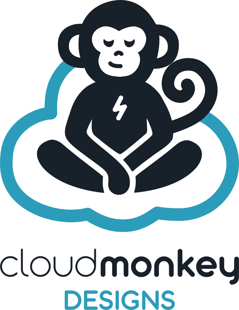 CloudMonkey Designs logo featuring a meditating monkey with a lightning bolt on its chest, sitting inside a cloud outline. The text 'cloudmonkey DESIGNS' is below, with 'cloud' and 'DESIGNS' in light grey and 'monkey' in dark grey.